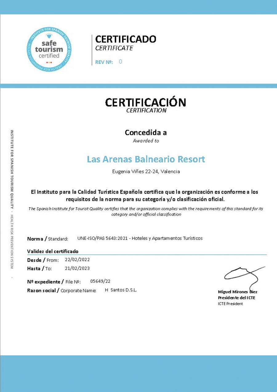 Hotel Las Arenas Balneario Resort renueva su sello Safe Tourism Certified